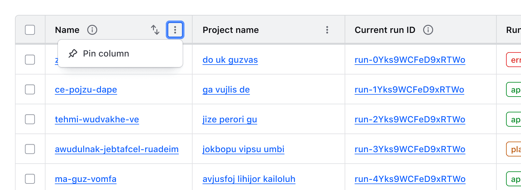 An Advanced Table with the context menu open and a single "Pin column" option